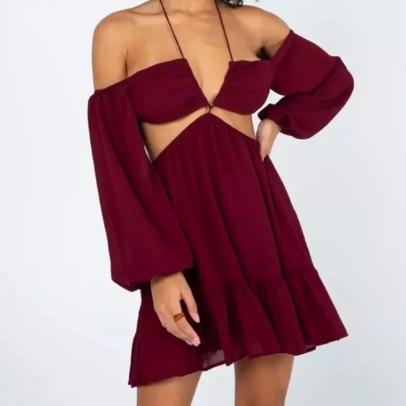 Princess Polly Natasha Maroon Burgundy Halter Cutout Balloon Sleeve Mini Dress - Picture 2 of 13